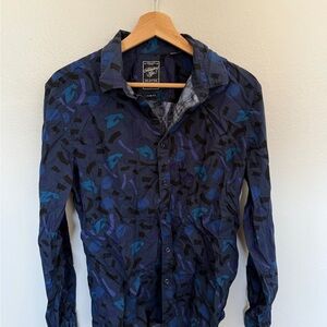 Blue and Black Patterned Button-Up Shirt